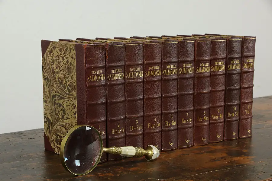 Main image of Leatherbound 10 Volume Danish Encyclopedia Book Set, Illustrated, 1940