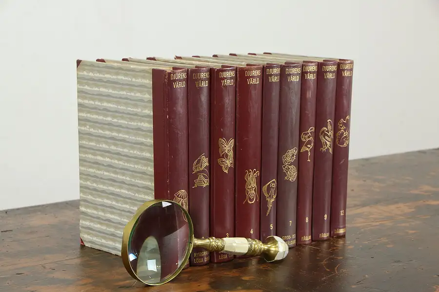 Main image of Set of 9 Red Leatherbound Books, Swedish, Natural History