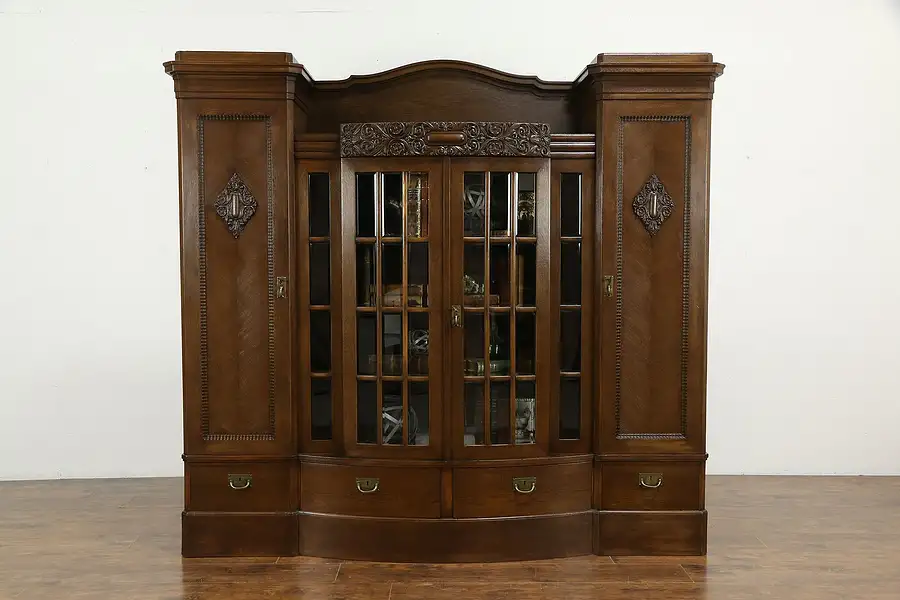 Main image of Carved Oak Antique German Library or Office Bookcase, Beveled Glass