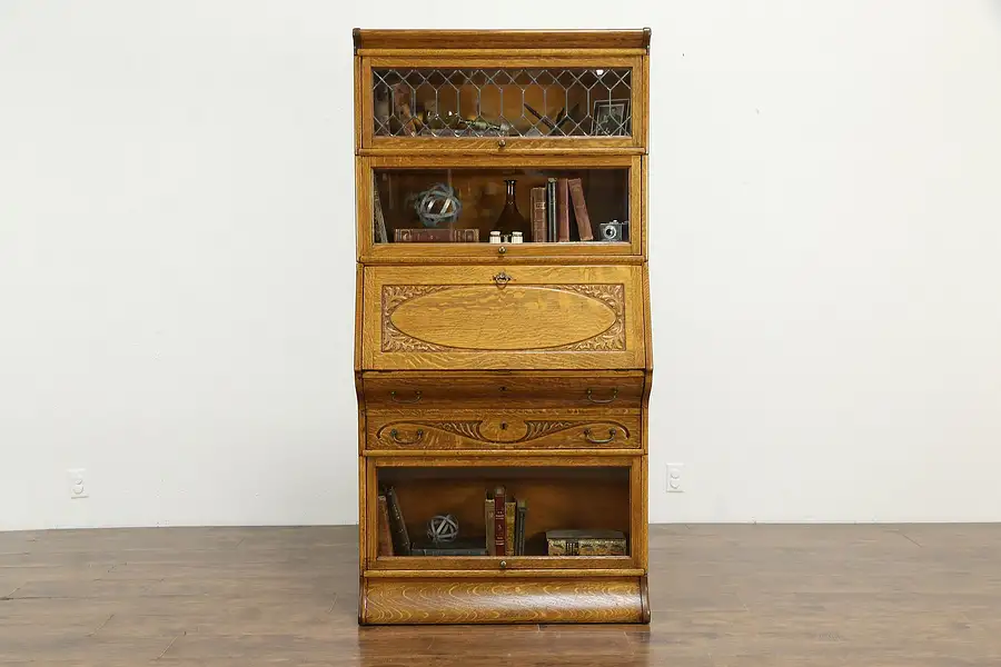 Main image of Oak Antique Stacking Lawyer Bookcase & Desk, Leaded Glass, Viking