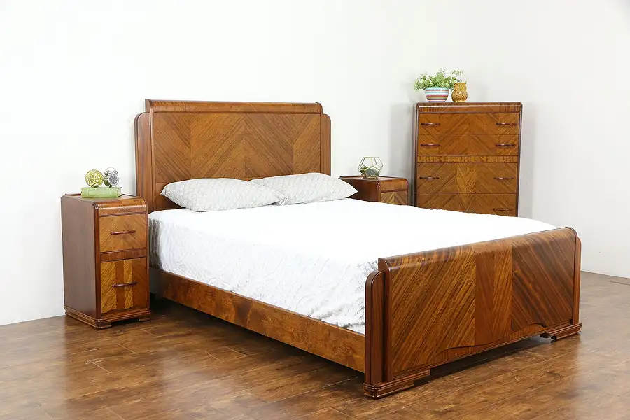 Main image of Art Deco Waterfall Vintage 4 Pc Bedroom Set, Queen Size Bed