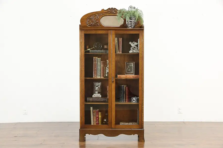 Main image of Victorian Antique Carved Oak Bookcase or Bath Cabinet, Beveled Mirror