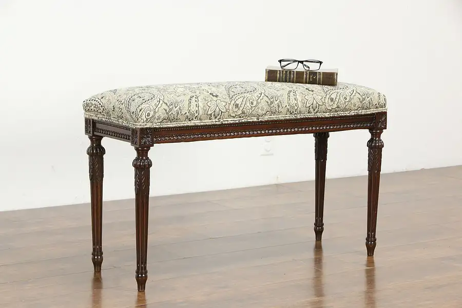 Main image of French Style Antique Hand Carved Walnut Bench, New Upholstery