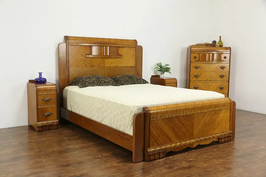 Main image of Art Deco Waterfall Vintage Bedroom Set Queen Size Bed, Chest, Nightstands