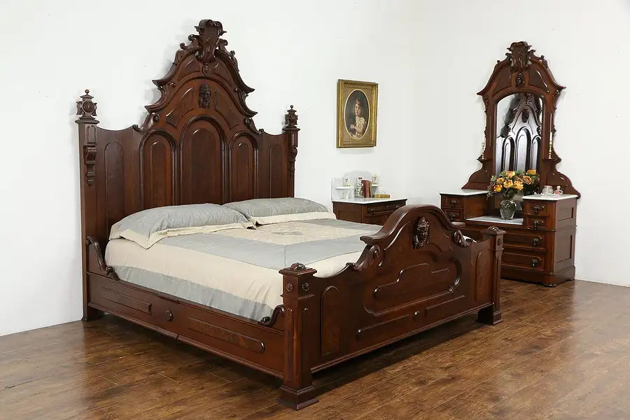 Main image of Victorian Antique Walnut Bedroom Set, King Size Bed, 2 Chests Marble Tops