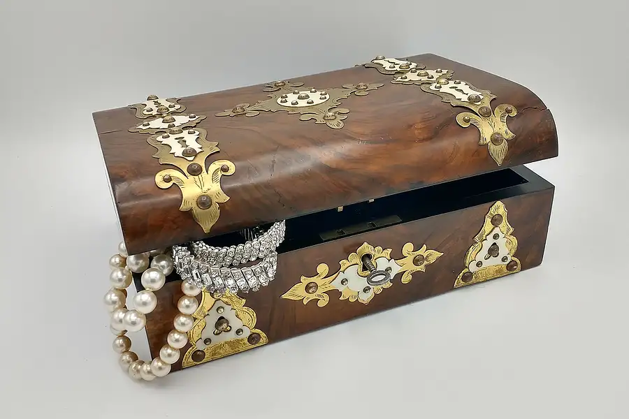 Main image of Victorian Antique Walnut & Brass Antique Jewelry Box, Silk Lined, Lock