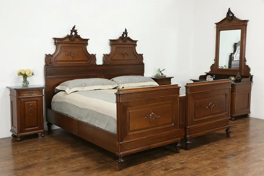 Main image of Italian Antique Carved Walnut 4 Pc Bedroom Set King Size Bed, Marble Tops