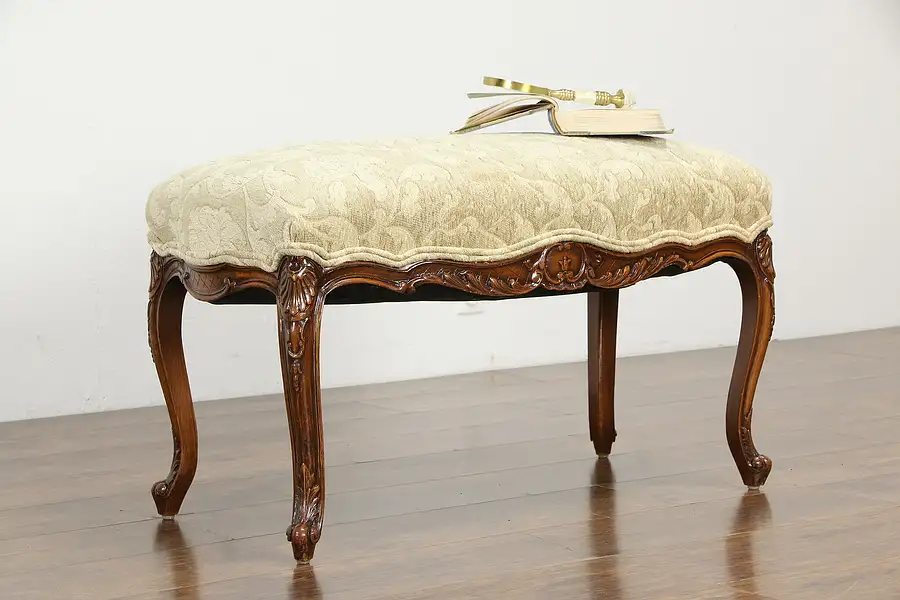 Main image of Carved Fruitwood Antique French Bench, New Upholstery