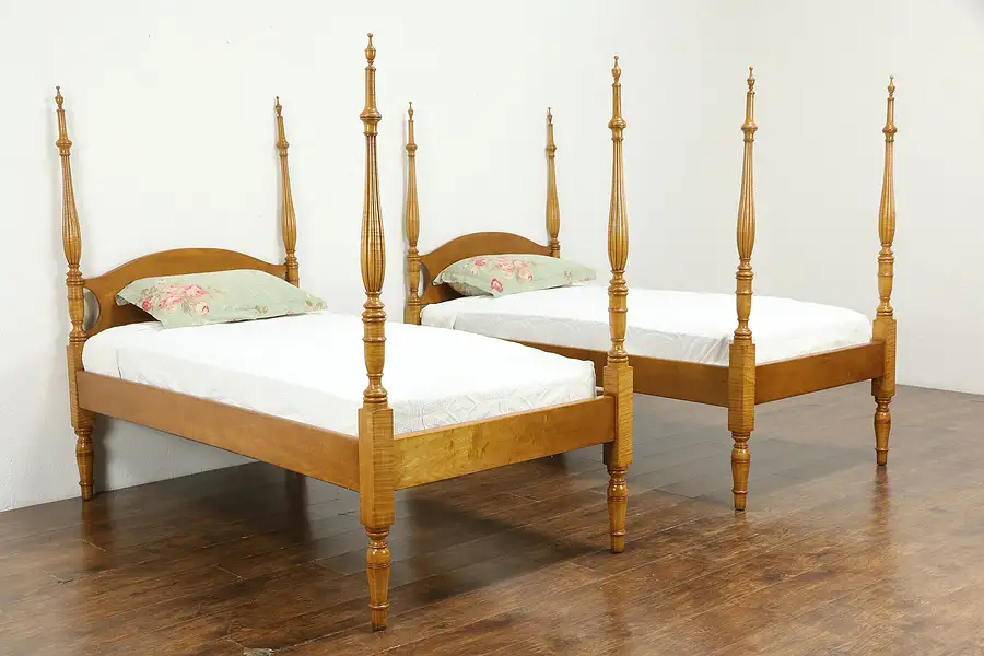 Main image of Pair of Antique Twin or Single Poster Beds, Curly Birdseye Maple