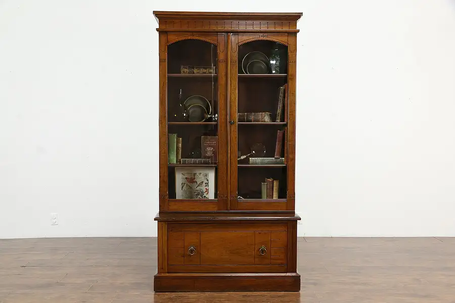 Main image of Victorian Eastlake Antique 1870 Walnut Office Bookcase or China Cabinet