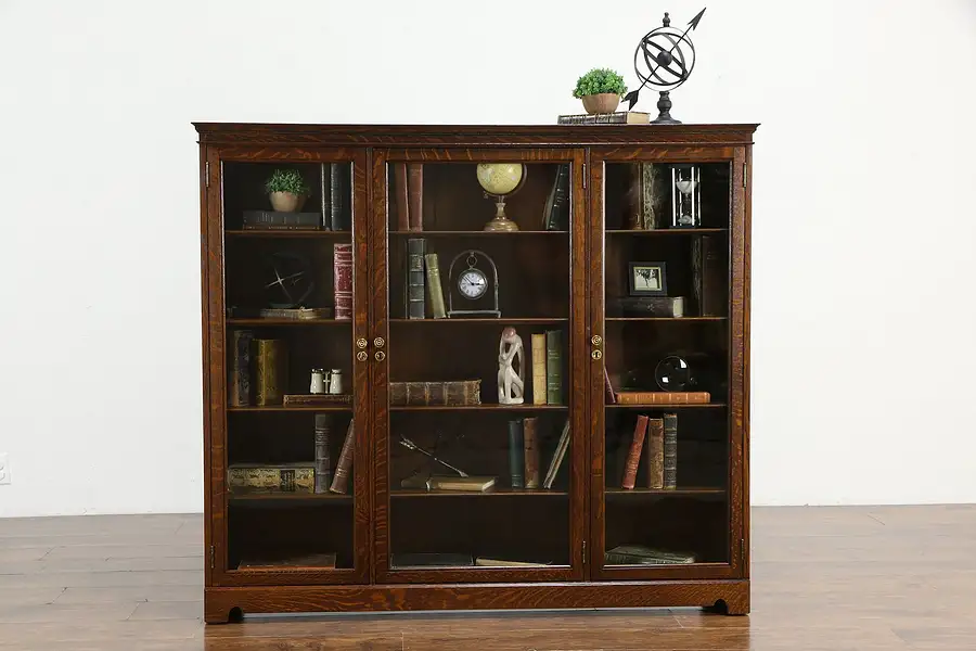 Main image of Oak Antique Triple Office or Library Bookcase, Wavy Glass Doors,