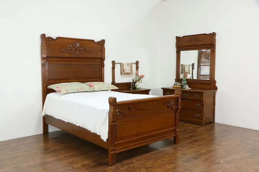 Main image of Victorian Antique Carved Oak 3 Pc Bedroom Set, Double Extra Long Bed