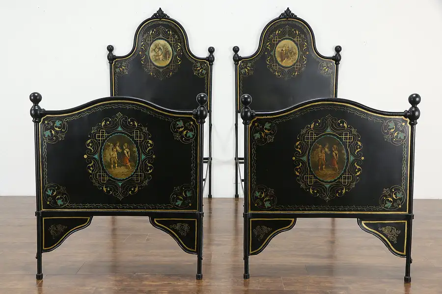 Main image of Pair of Antique Italian Hand Painted Puss in Boots Design Iron Beds