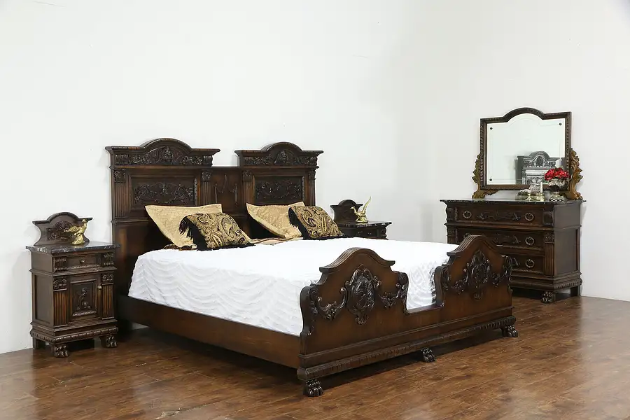 Main image of Renaissance Antique Carved Walnut Bedroom Set King Size Bed, Marble Tops