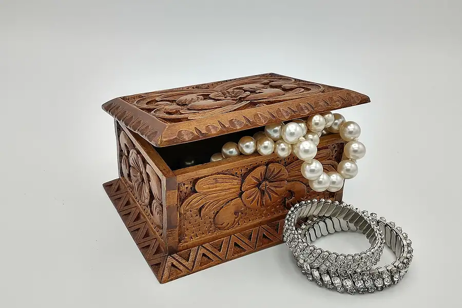 Main image of Carved Norwegian Antique Jewelry Small Chest or Keepsake Box