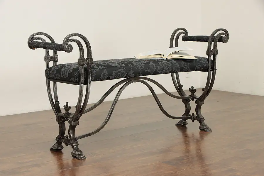 Main image of Hand Wrought Iron Antique Bench with Arms, New Upholstery