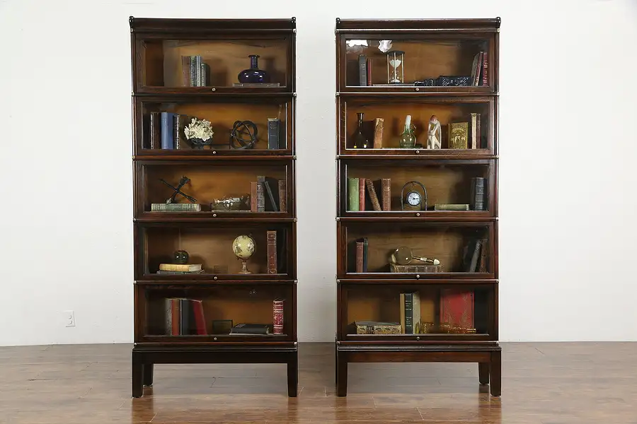 Main image of Pair of Antique Oak 5 Stack Globe Wernicke Lawyer Bookcases, Wavy Glass