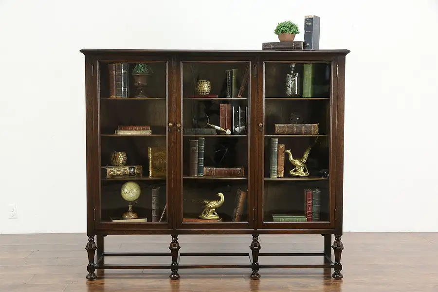 Main image of English Tudor Oak Antique Triple Library or Office Bookcase