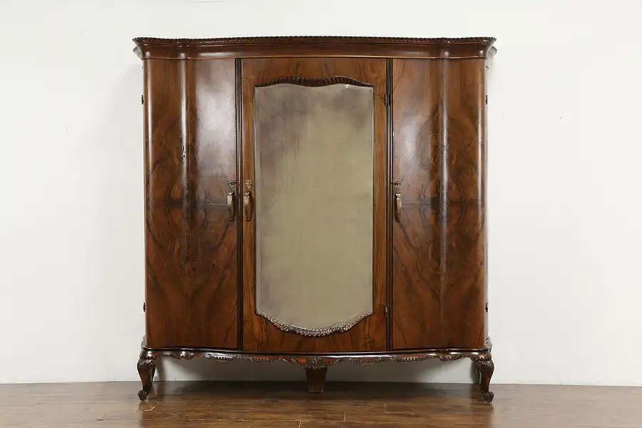 Main image of Italian Art Deco Antique Carved Walnut, Olive & Burl Armoire Wardrobe