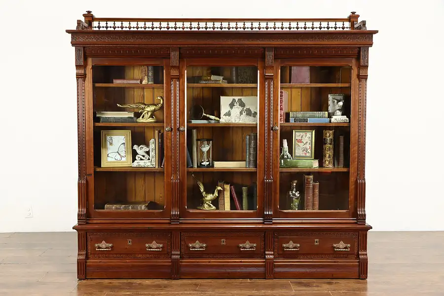 Main image of Victorian Eastlake Antique Library or Office Walnut Triple Bookcase