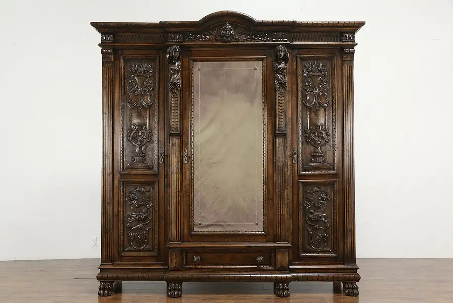 Main image of Renaissance Antique Triple Walnut Armoire or Wardrobe, Sculpted Figures