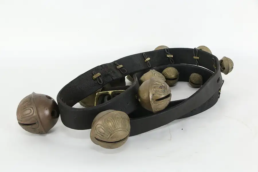 Main image of Victorian Style Antique 14 Sleigh Bells Set Size 1-15, Leather Harness