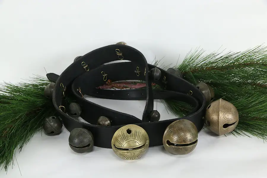 Main image of Victorian Antique 18 Sleigh Bells Set Size 1-13, Leather Harness