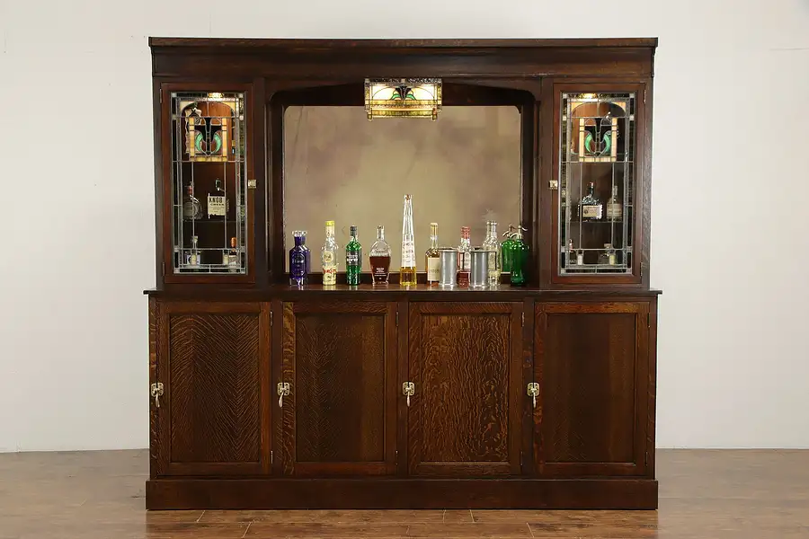 Main image of Arts & Crafts Mission Oak Antique Craftsman Back Bar, Stained Glass