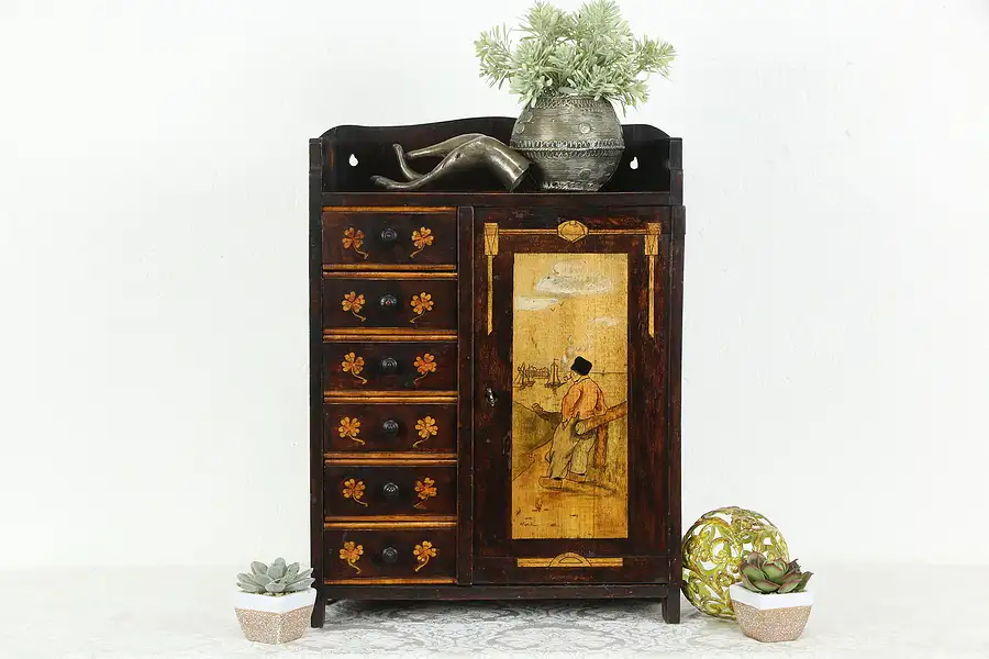 Main image of Dutch Antique Table Top or Hanging Hand Painted Tobacco Box Jewelry Chest