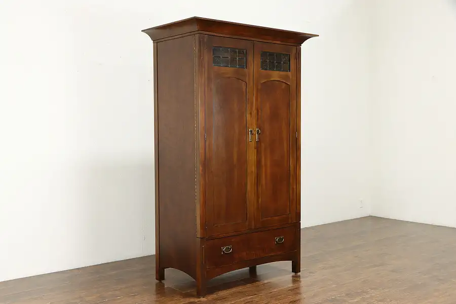 Main image of Cherry Craftsman Vintage Armoire Cabinet, Leaded Glass, Romweber