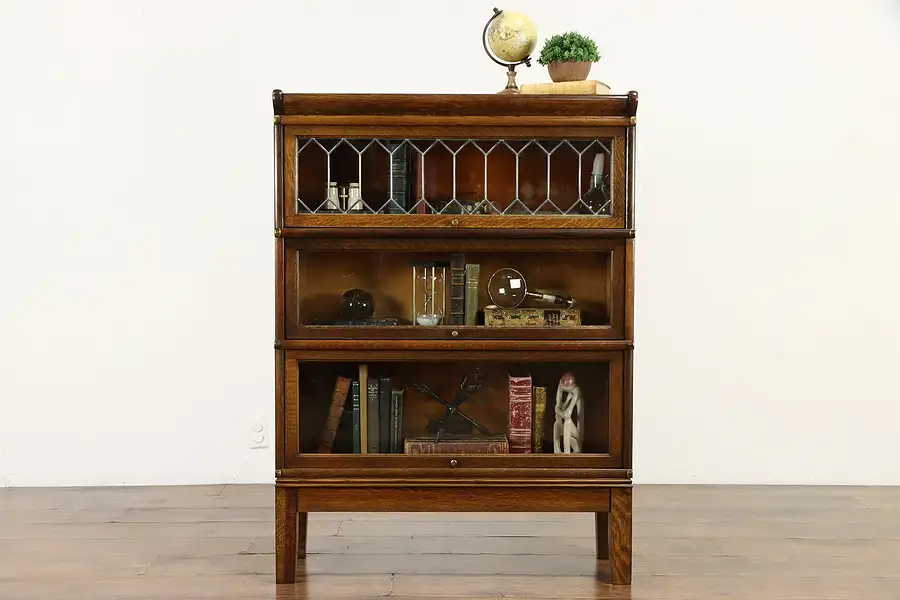 Main image of Oak 3 Stack Antique Lawyer Bookcase, Leaded Glass, Globe Wernicke