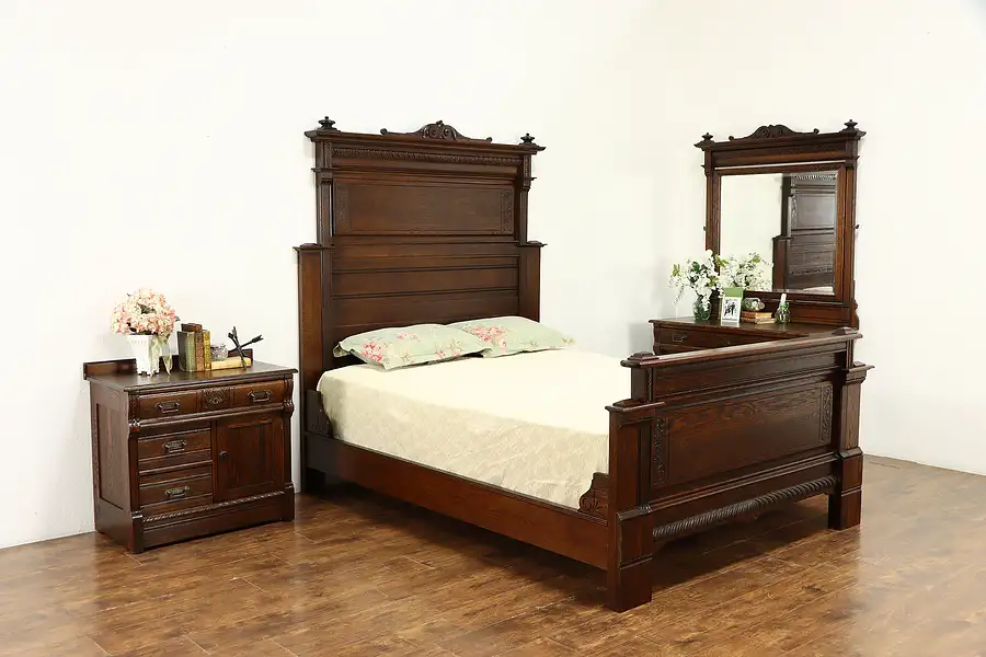 Main image of Victorian Eastlake Antique Carved Oak 3 Pc Bedroom Set, Queen Size Bed