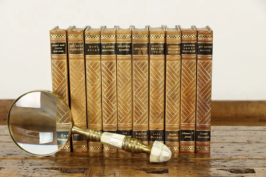 Main image of Set of 10 Gold Tooled Leather Bound Books, Swedish 1930