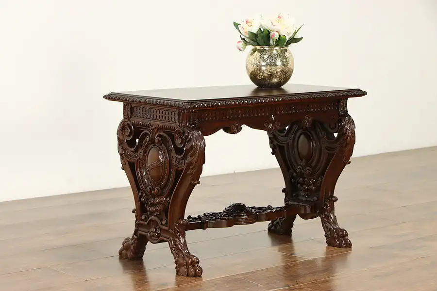 Main image of Walnut Antique End Table or Bench, Carved Lion Paws