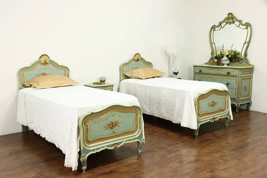 Main image of Hand Painted Antique Italian 5 Pc Bedroom Set, Twin Beds