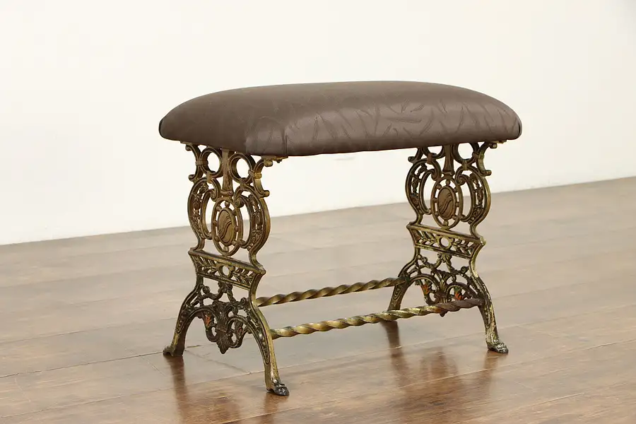 Main image of Iron Base Hand Painted Antique Bench, New Upholstery