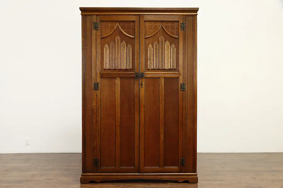 Main image of Oak Antique Farmhouse English Tudor or Craftsman Armoire Closet, Wardrobe