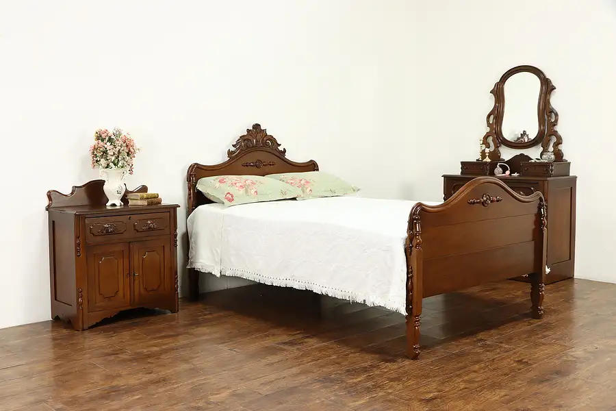 Main image of Victorian Antique Walnut 3 Pc Bedroom Set, Full Size Bed, Carved Pulls