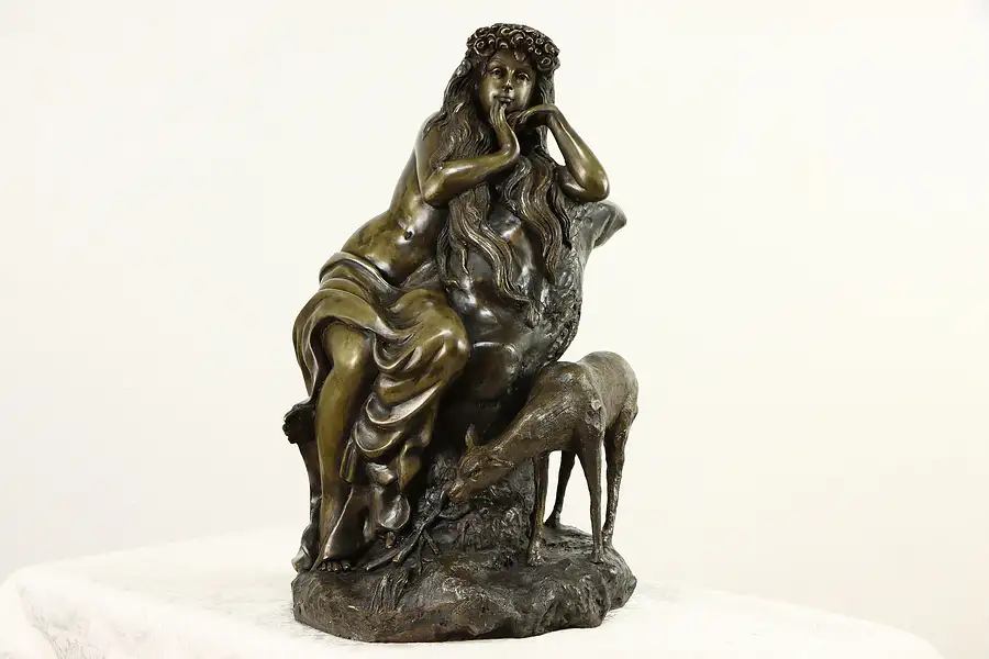 Main image of Bronze Vintage Sculpture of Young Woman with Flowers and Fawn