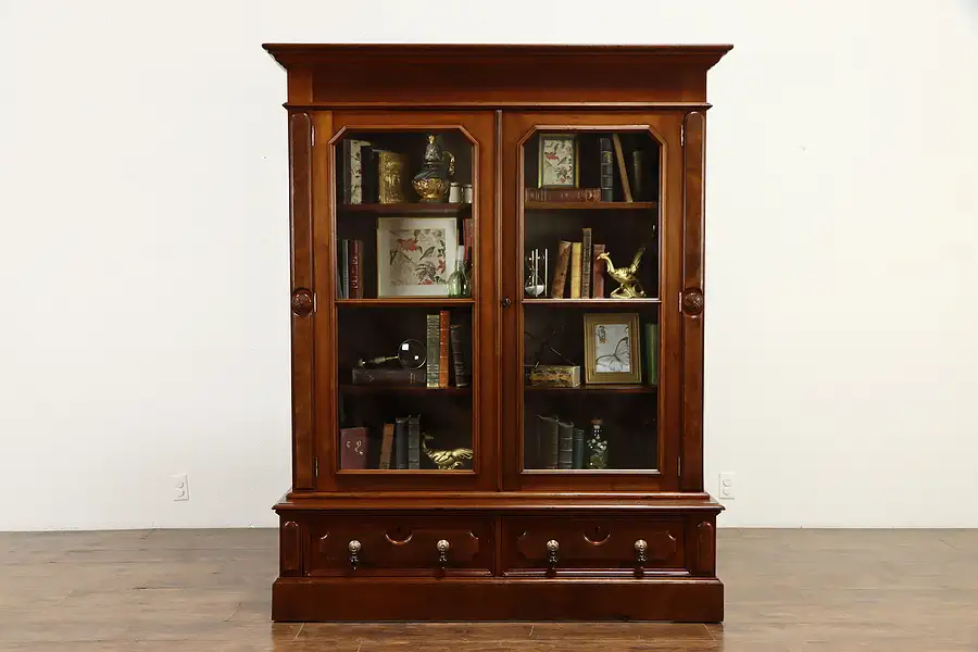 Main image of Victorian Antique Walnut & Burl Library or Office Bookcase, Glass Doors