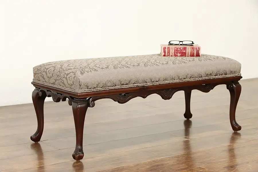 Main image of Mahogany Carved Antique Bench, New Upholstery, Colby's