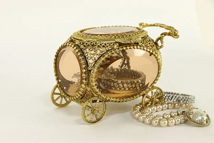 Main image of Gold Plated Filigree Vintage Jewelry Box, Carriage Shaped