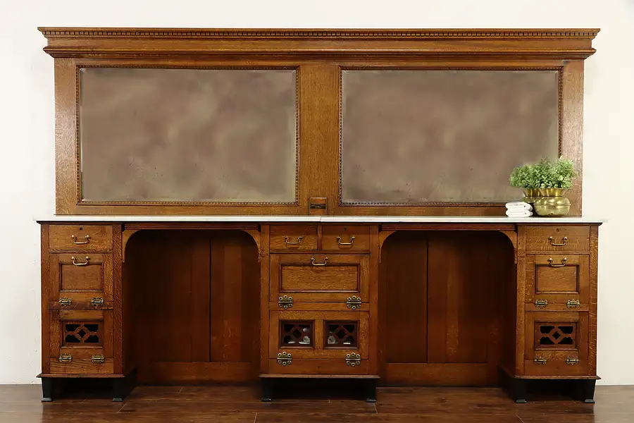 Main image of Barbershop Salvage Antique 10' Backbar & Cabinets, Oak & Marble, Kochs