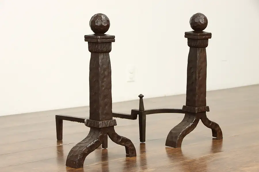 Main image of Pair of Hand Hammered Wrought Iron Craftsman or Tudor Fireplace Andirons