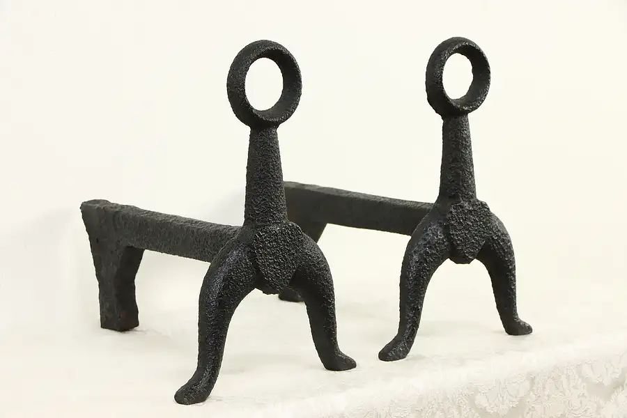 Main image of Pair of Cast Iron Antique Fireplace Andirons, Ring Tops