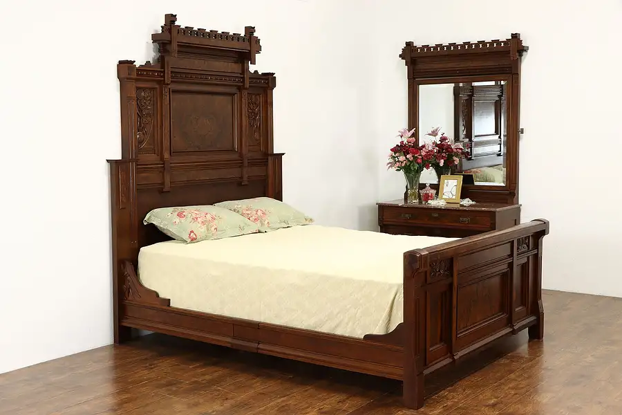 Main image of Victorian Eastlake Antique Walnut 2 Pc Bedroom Set Queen Size Bed, Marble