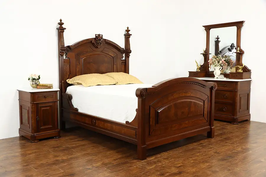 Main image of Victorian Antique Walnut 3 Pc Bedroom Set, Full Size Bed, Marble Tops