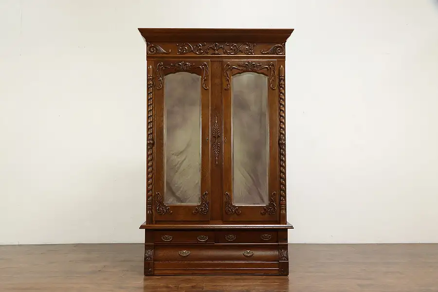 Main image of Victorian Antique Oak Armoire, Wardrobe, Closet, Beveled Mirrors, Karges