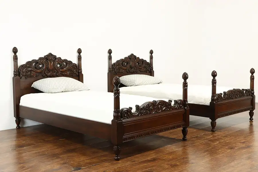 Main image of Pair of Walnut Antique Twin or Single Poster Beds, Carved Dolphins