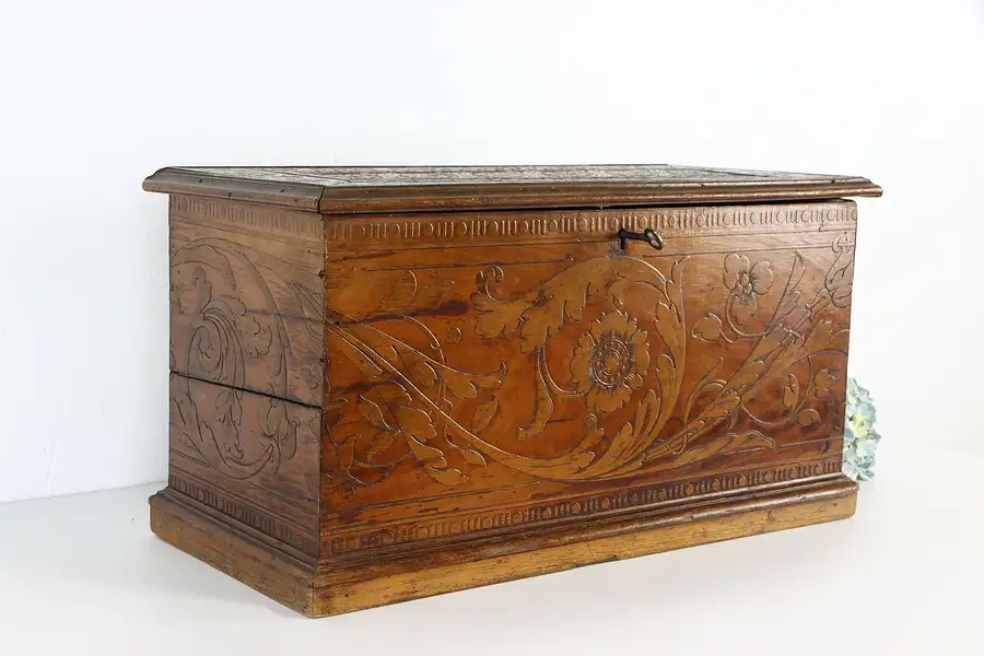 Main image of Solid Cherry Pressed Carved Antique Jewelry, Treasure or Storage Box